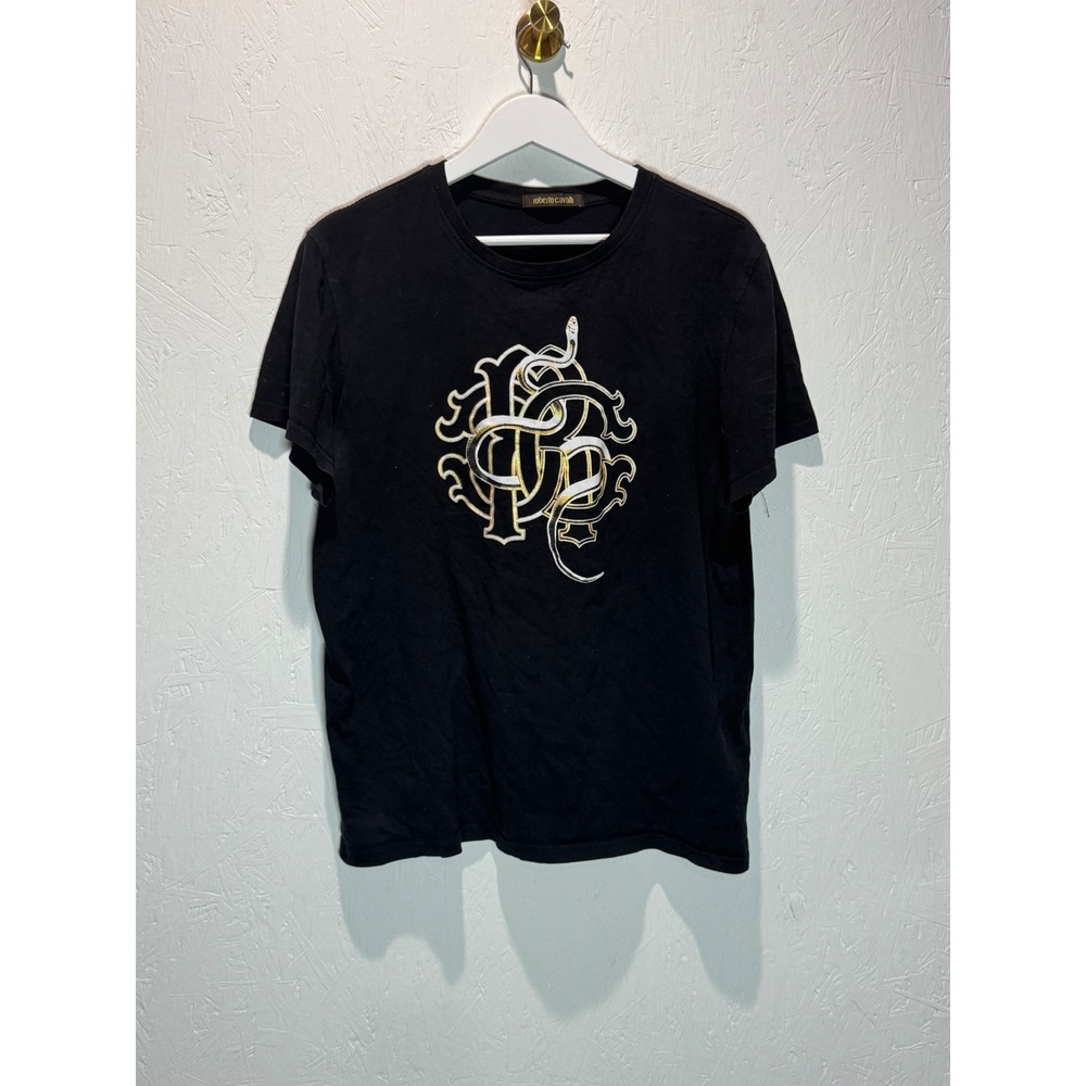 Roberto Cavalli Mens Monogram Snake Logo Graphic T-Shirt Black Gold Large